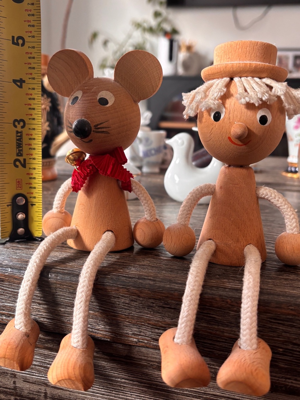 Vintage Miva Vacov Czech Wooden Shelf Sitters - Bentley Mouse & Gene Boy Pair